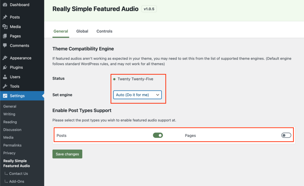 General settings of really simple featured audio in WordPress Dashboard